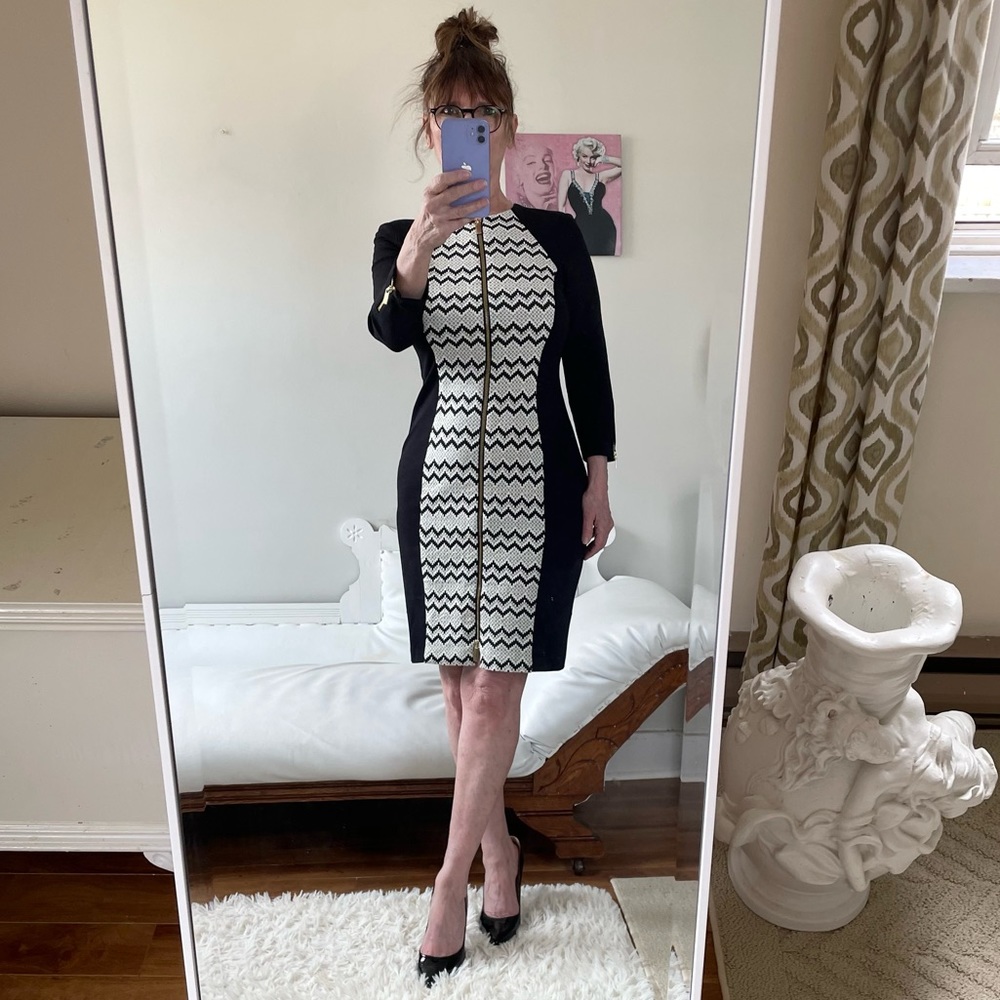 CACHE BLACK CREAM CHEVRON LONG ZIPPER SLEEVE DRESS FRONT DOUBLE END ZIPPER
